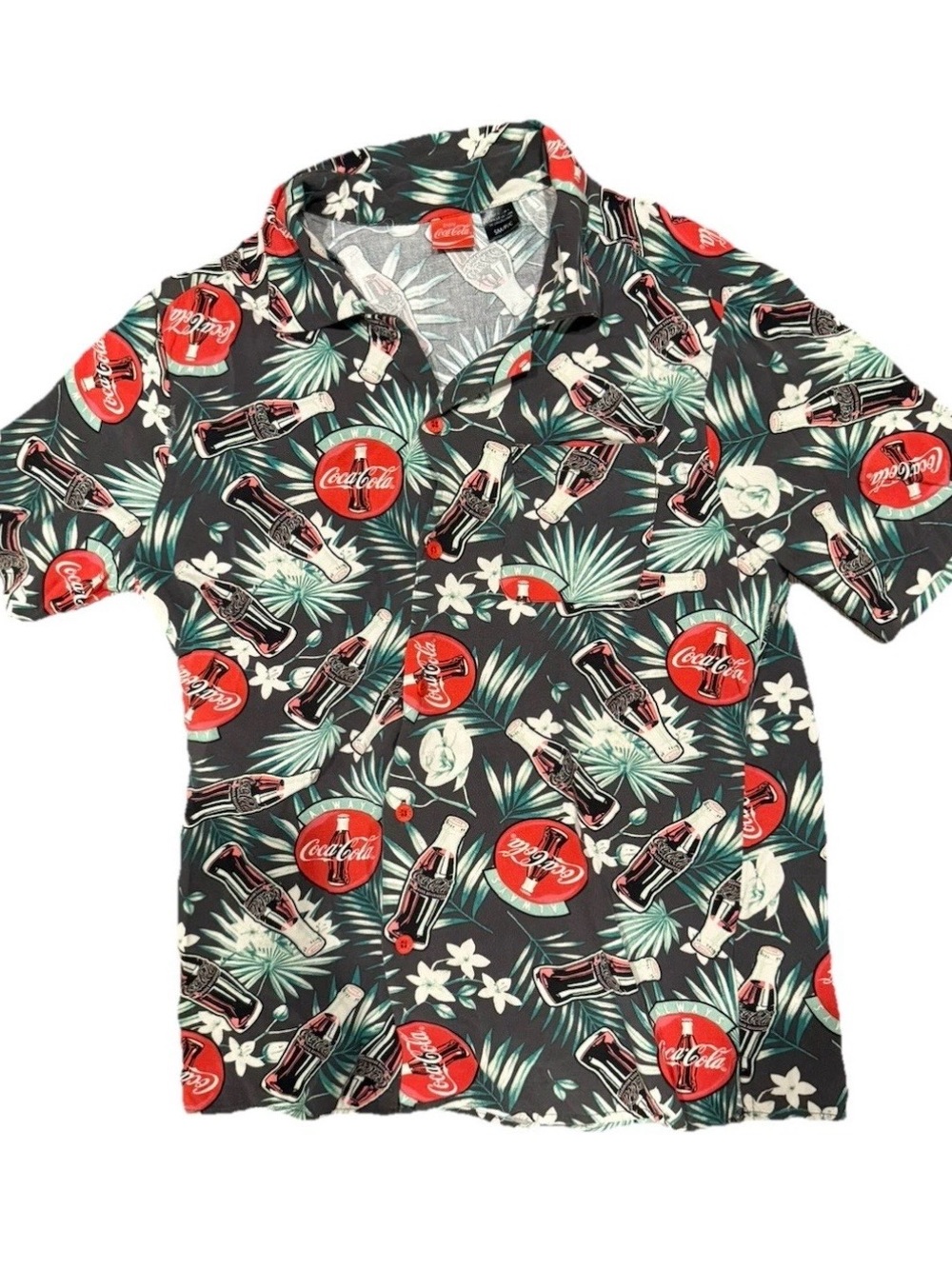Coca Cola Black Tropical Hawaiian Coke Bottle Print Button Down